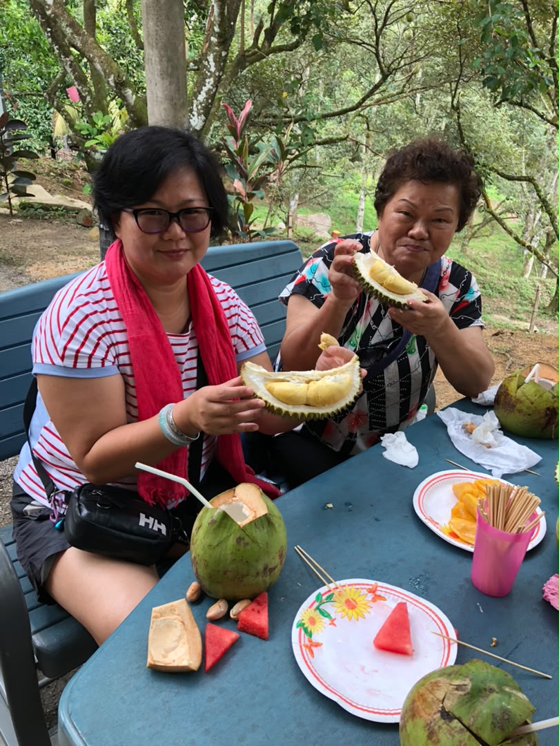 Guests tasting fresh durian with coconuts