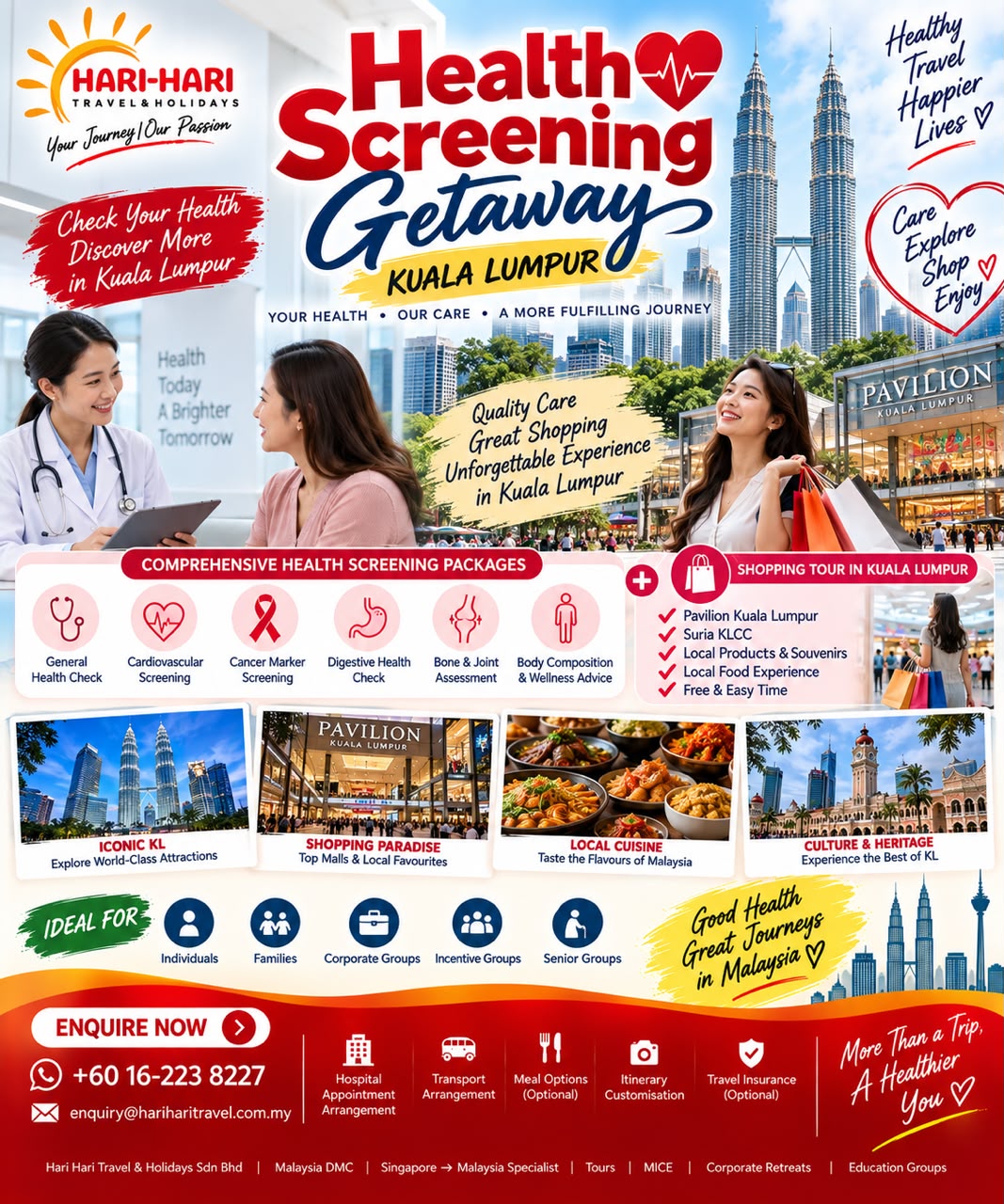 Hari-Hari Health Screening Getaway promotional poster with Kuala Lumpur sights and travel arrangement ideas